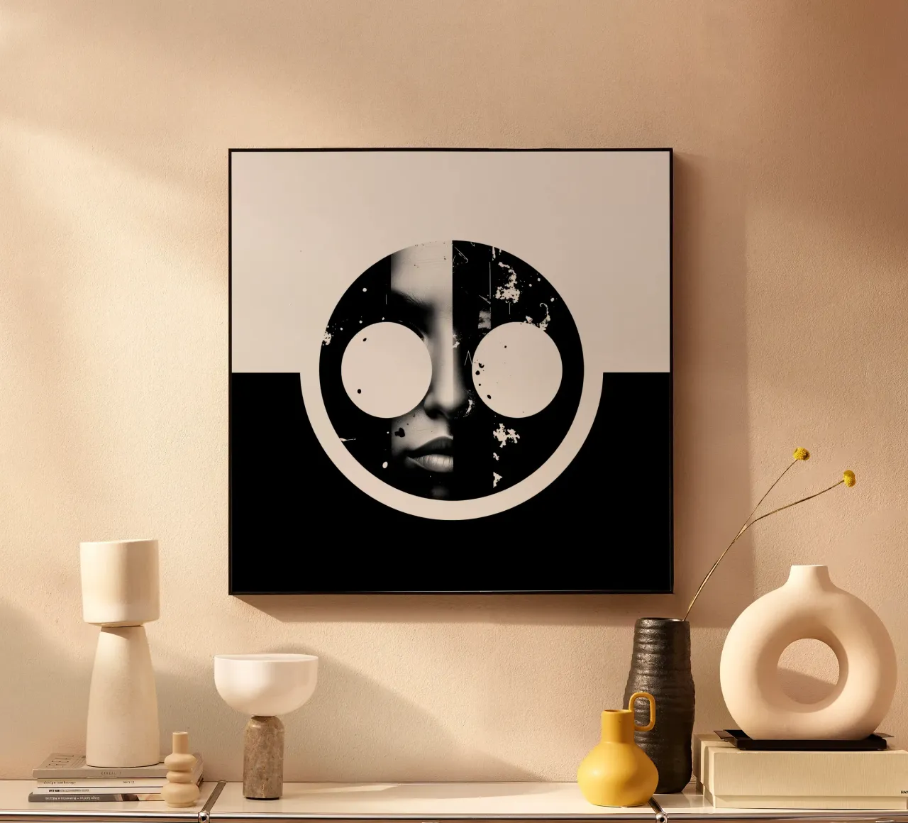 monochrome artwork featuring a face with contrasting black acrylic glass by DesignDoodle