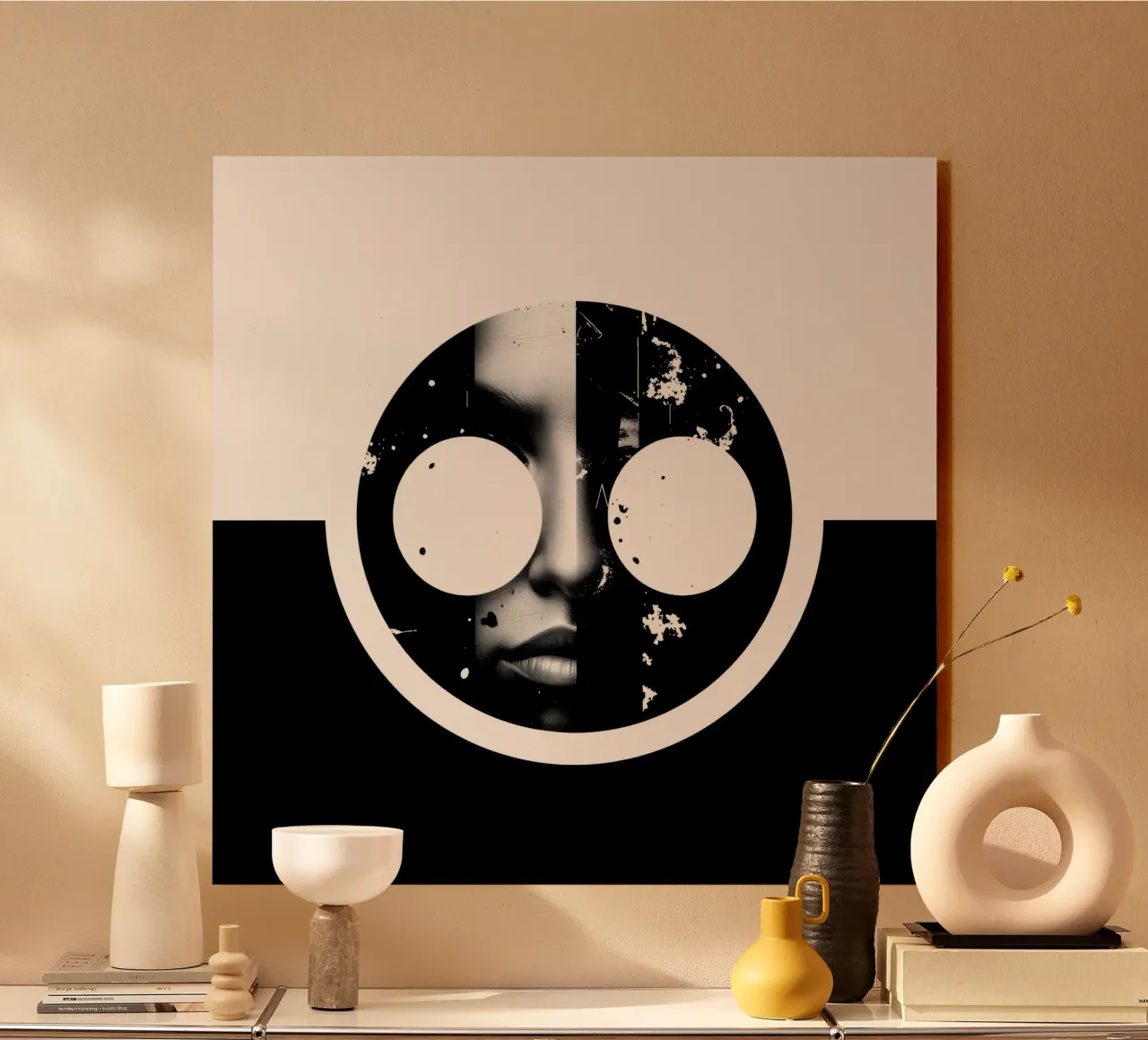 grafica monocromatica che presenta un volto con contrasto nero alluminio dibond da DesignDoodle
