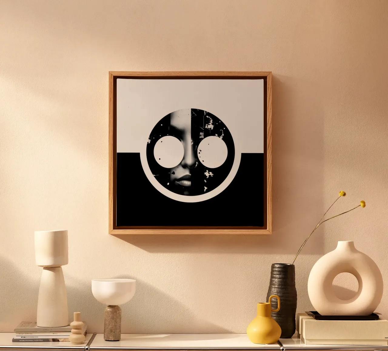 grafica monocromatica che presenta un volto con contrasto nero tela con Cornice a cassetta da DesignDoodle