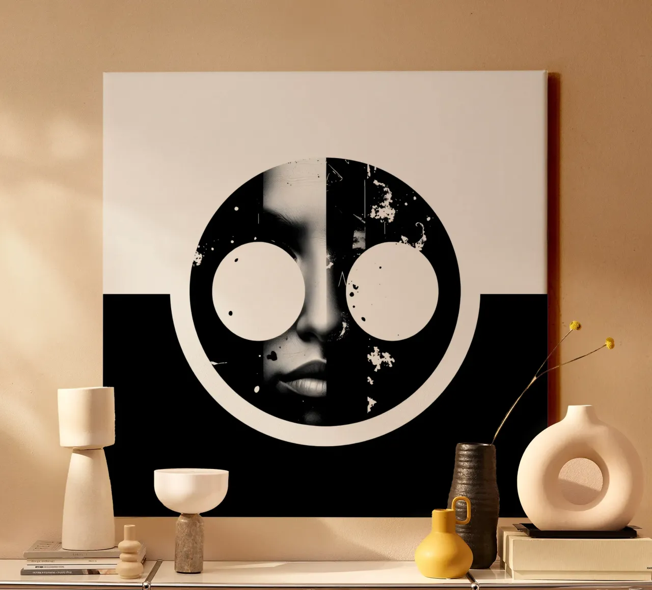 grafica monocromatica che presenta un volto con contrasto nero tela con Cornice a cassetta da DesignDoodle