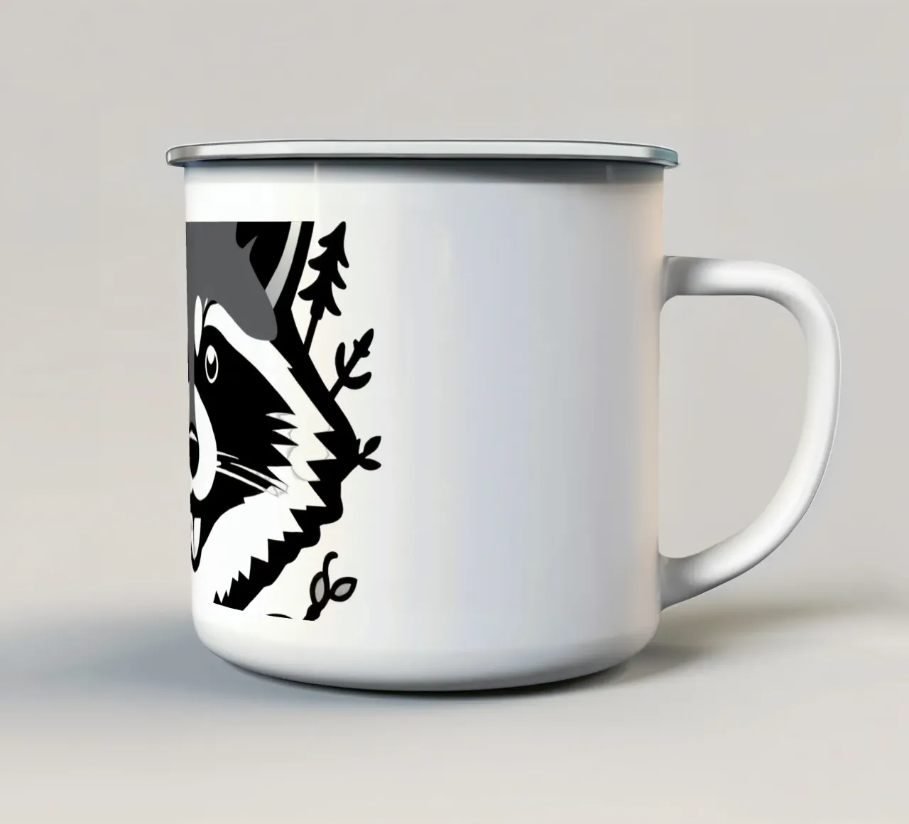 Illustrazione di procione giocoso circondato da foglie e rami tazza in smalto da DesignDoodle