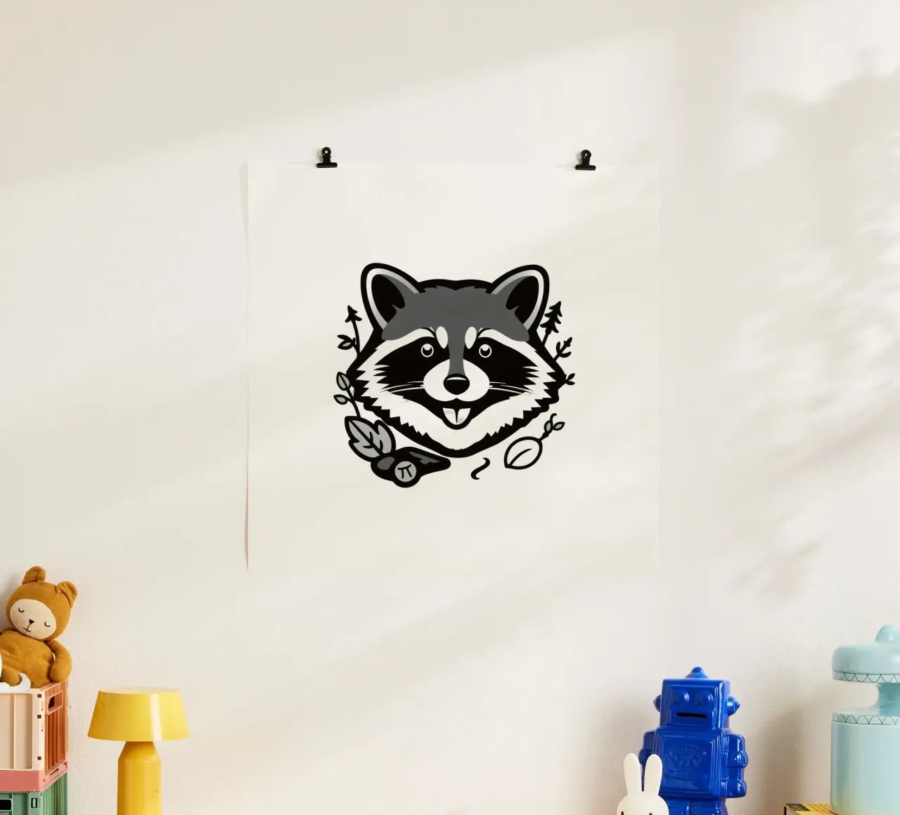 Verspielte Waschbär Illustration umgeben von Blättern und Zweig Poster mit Holzrahmen von DesignDoodle