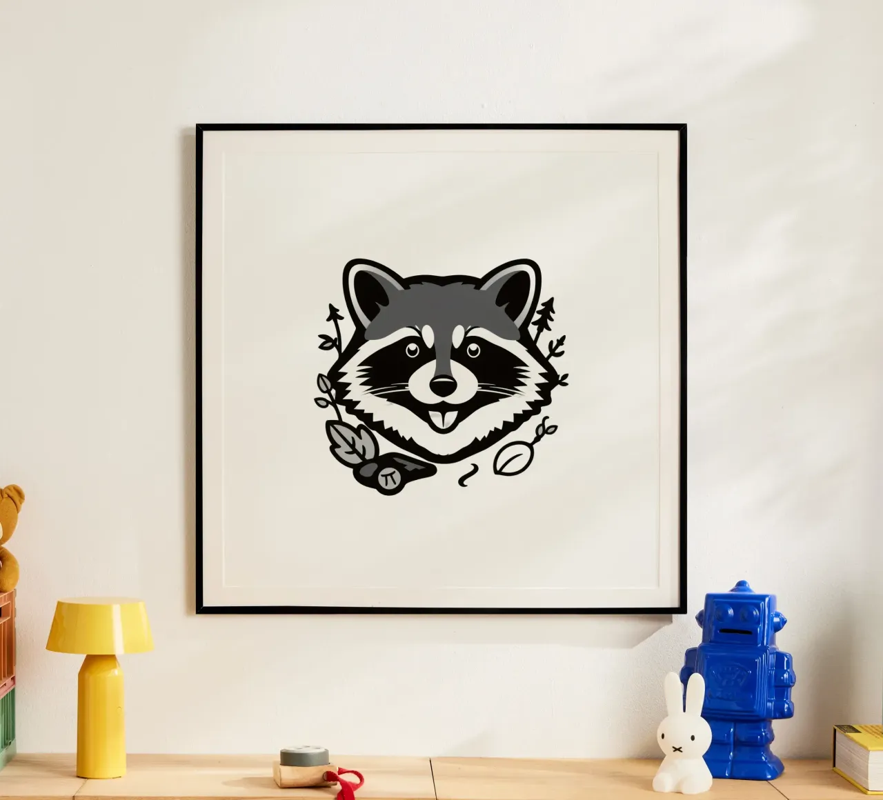 Verspielte Waschbär Illustration umgeben von Blättern und Zweig Poster mit Holzrahmen von DesignDoodle