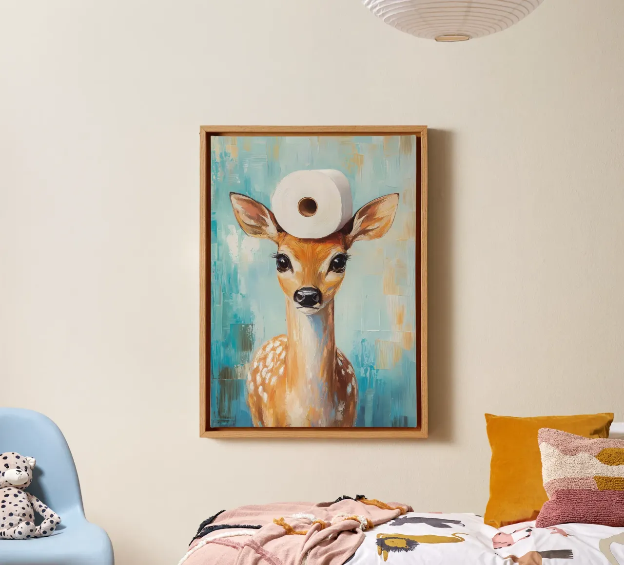 Hert met hoed van wc-papier canvas met Baklijst van Adrian Patel