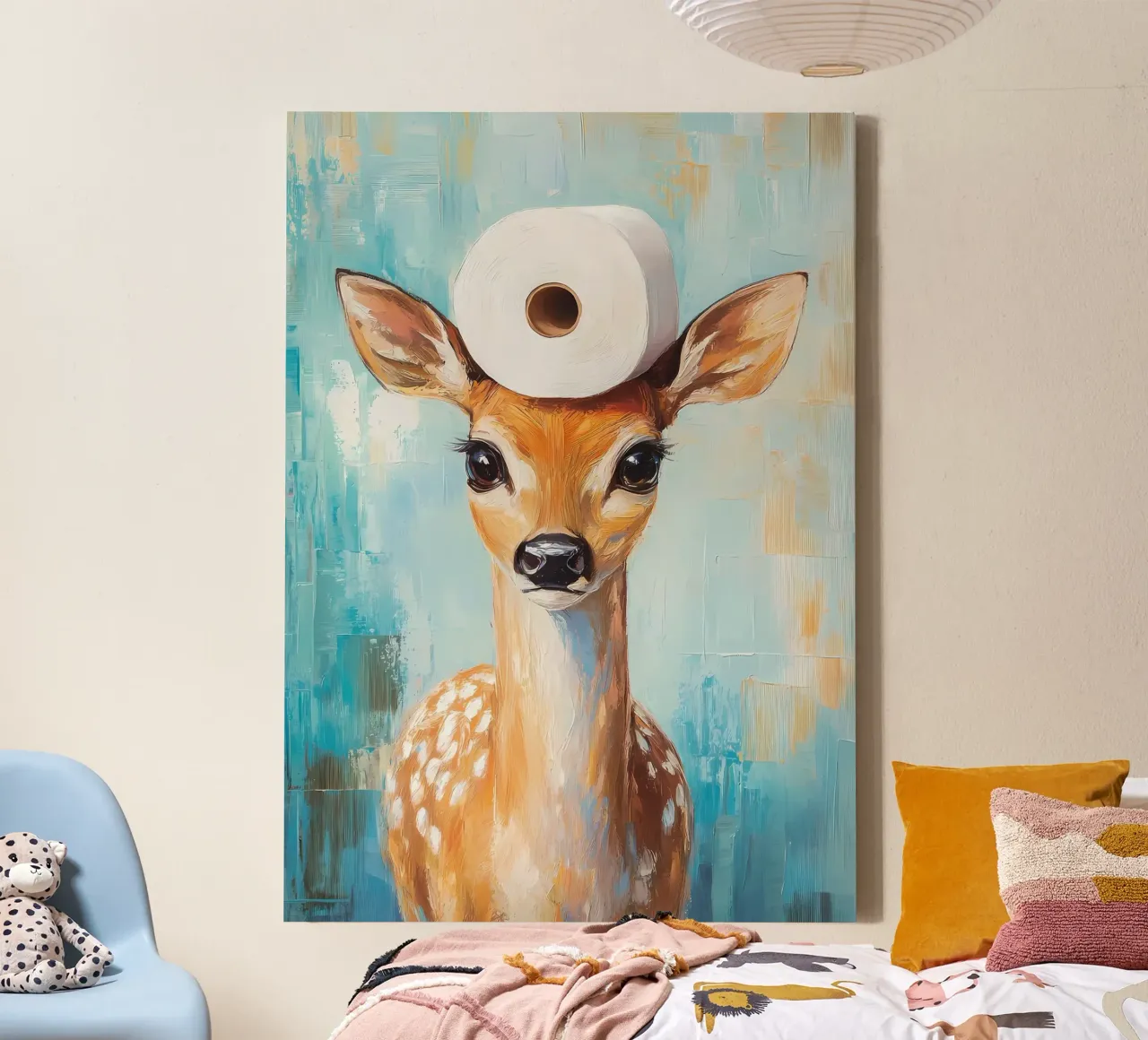 Hert met hoed van wc-papier canvas met Baklijst van Adrian Patel