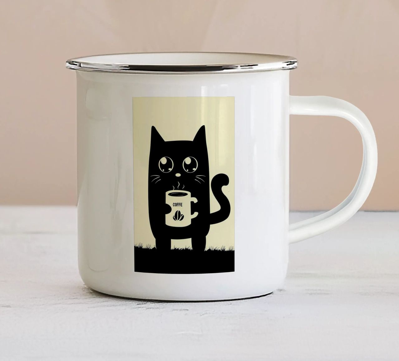 Gatto che beve caffè tazza in smalto da Bartosz Powalka