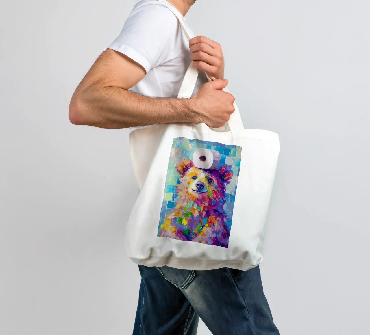 Orso con carta igienica borsa in juta da Adrian Patel