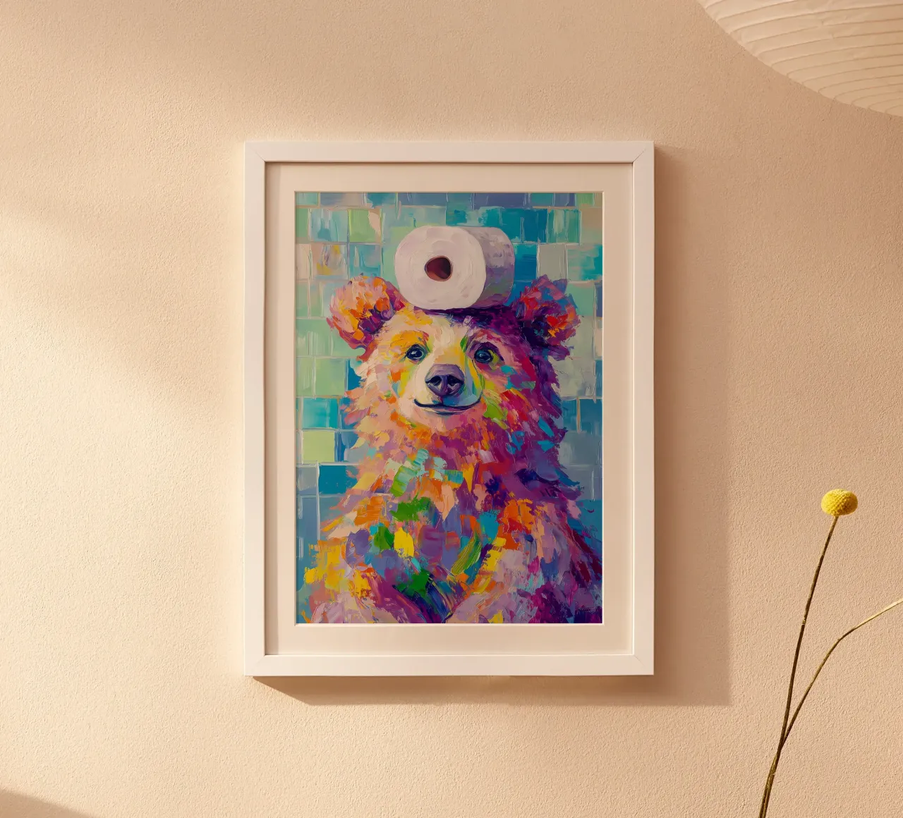 Orso con carta igienica poster con telaio in plastica da Adrian Patel