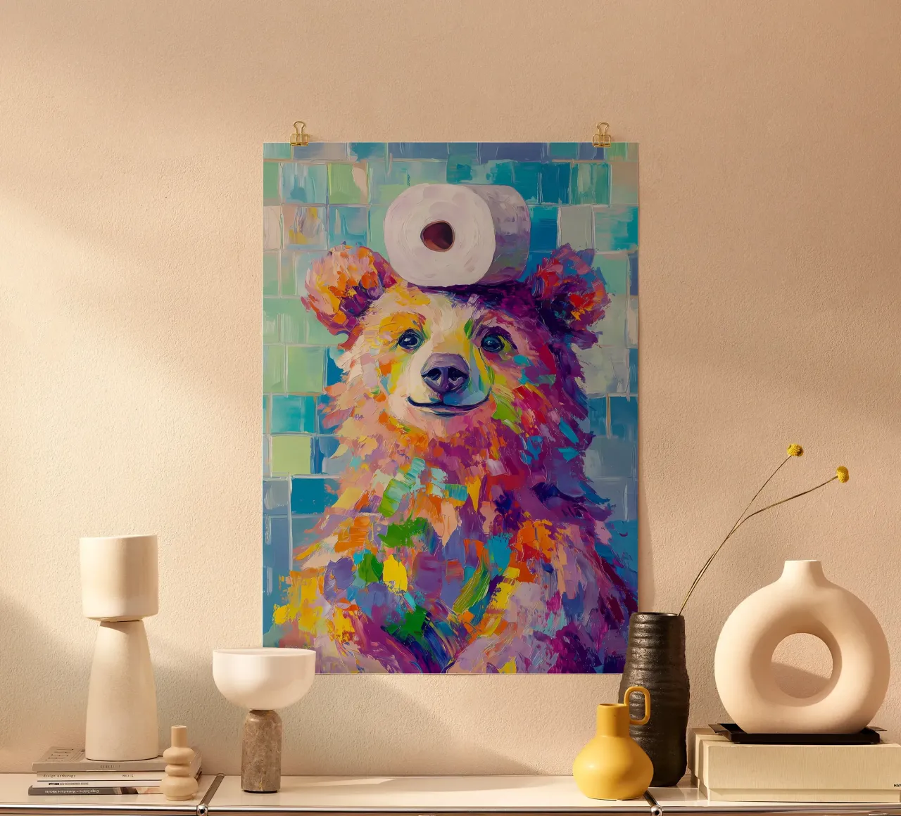Orso con carta igienica poster con telaio in plastica da Adrian Patel