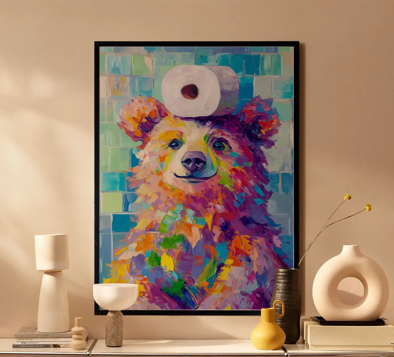 Orso con carta igienica poster con telaio in plastica da Adrian Patel