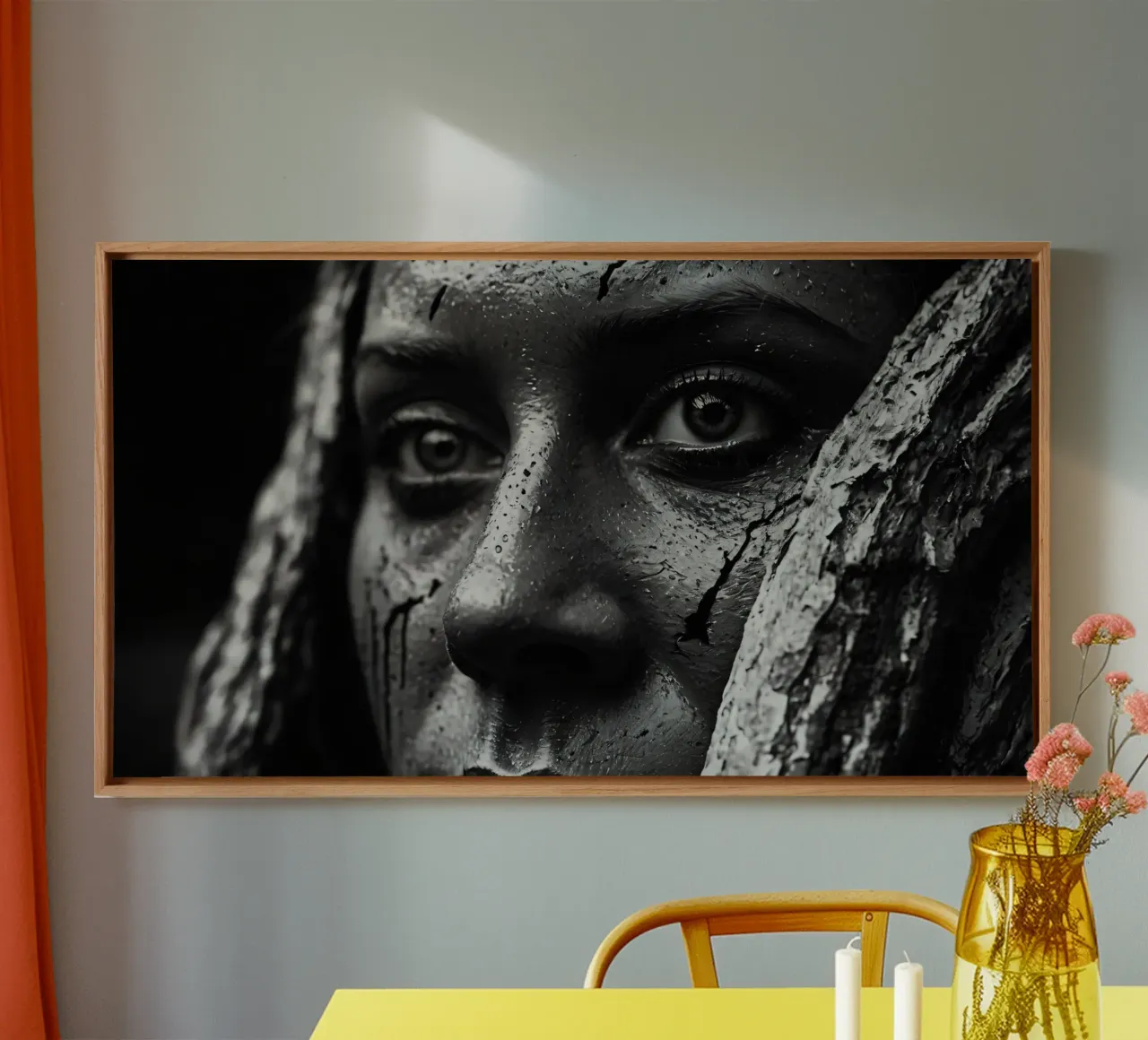 A woman with painted face and tree bark backdrop canvas by DesignDoodle