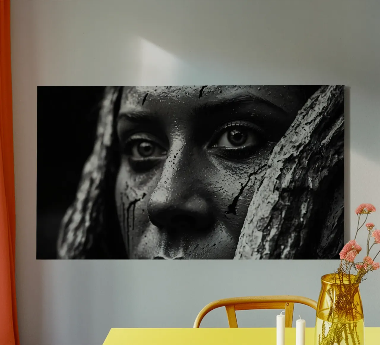 A woman with painted face and tree bark backdrop canvas by DesignDoodle