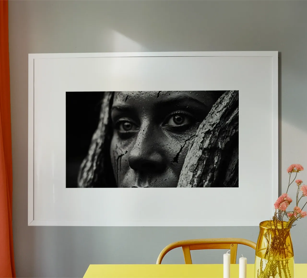 A woman with painted face and tree bark backdrop hahnemühle by DesignDoodle