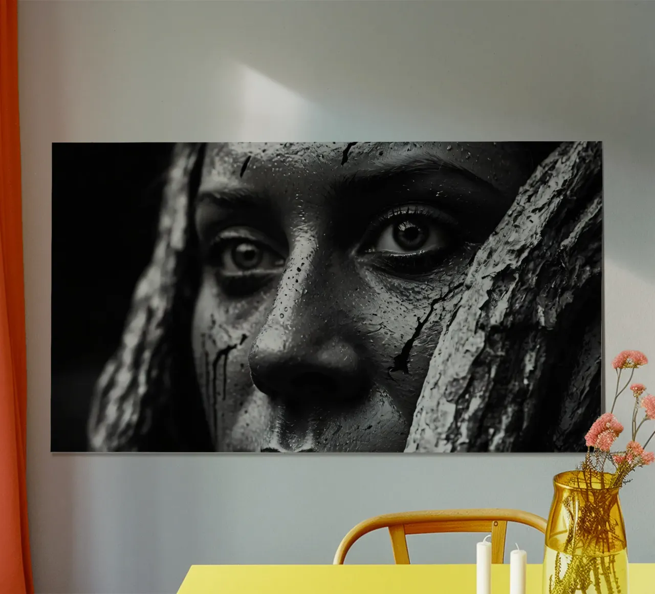 A woman with painted face and tree bark backdrop hahnemühle by DesignDoodle