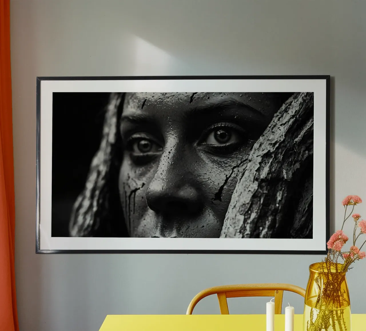 A woman with painted face and tree bark backdrop hahnemühle by DesignDoodle