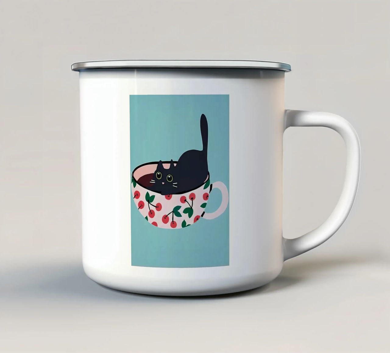 Schwarze Katze in Teetasse Emaille Tasse von Bartosz Powalka
