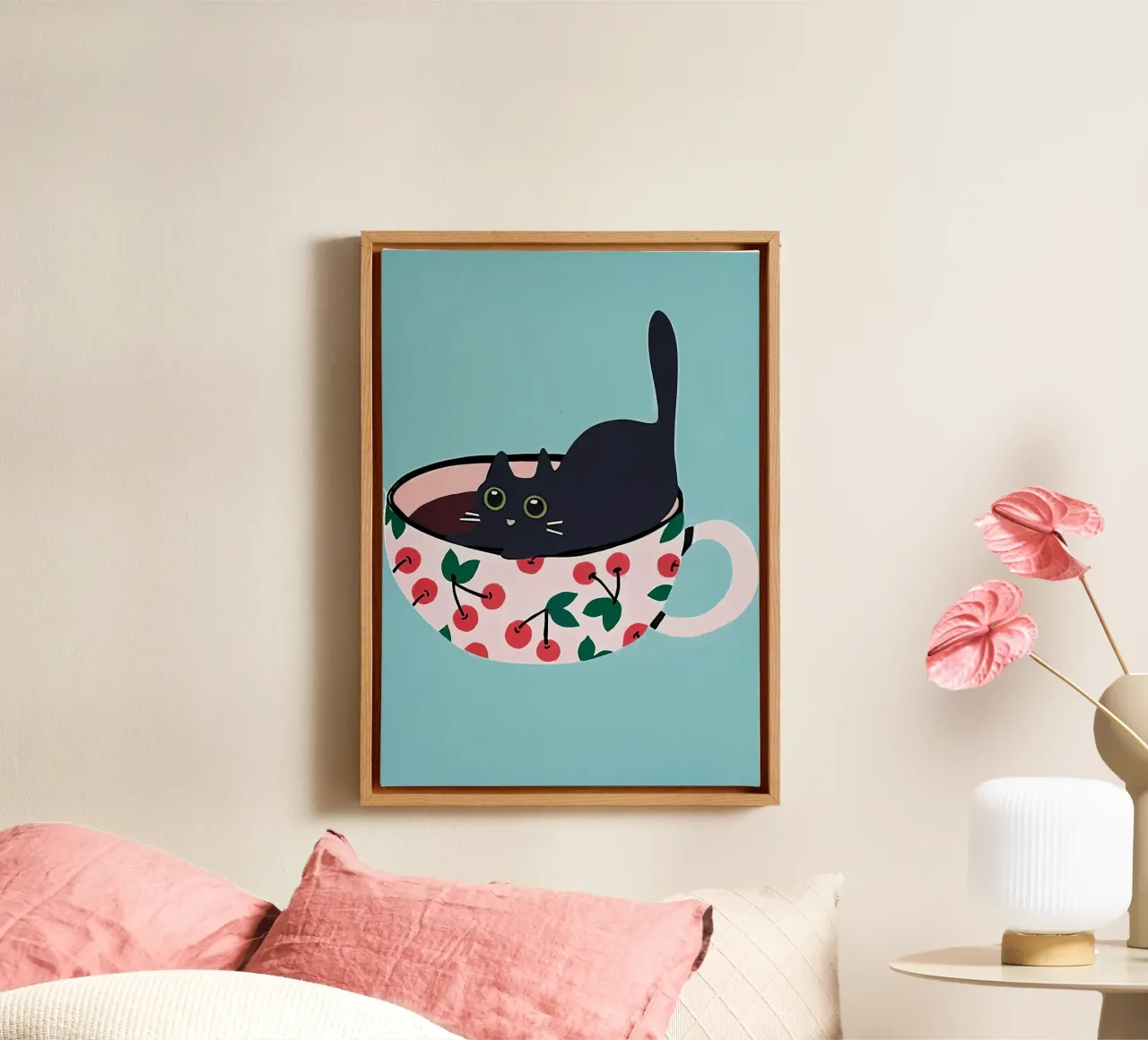 Chat noir dans une tasse de thé toile avec Caisse américaine de Bartosz Powalka