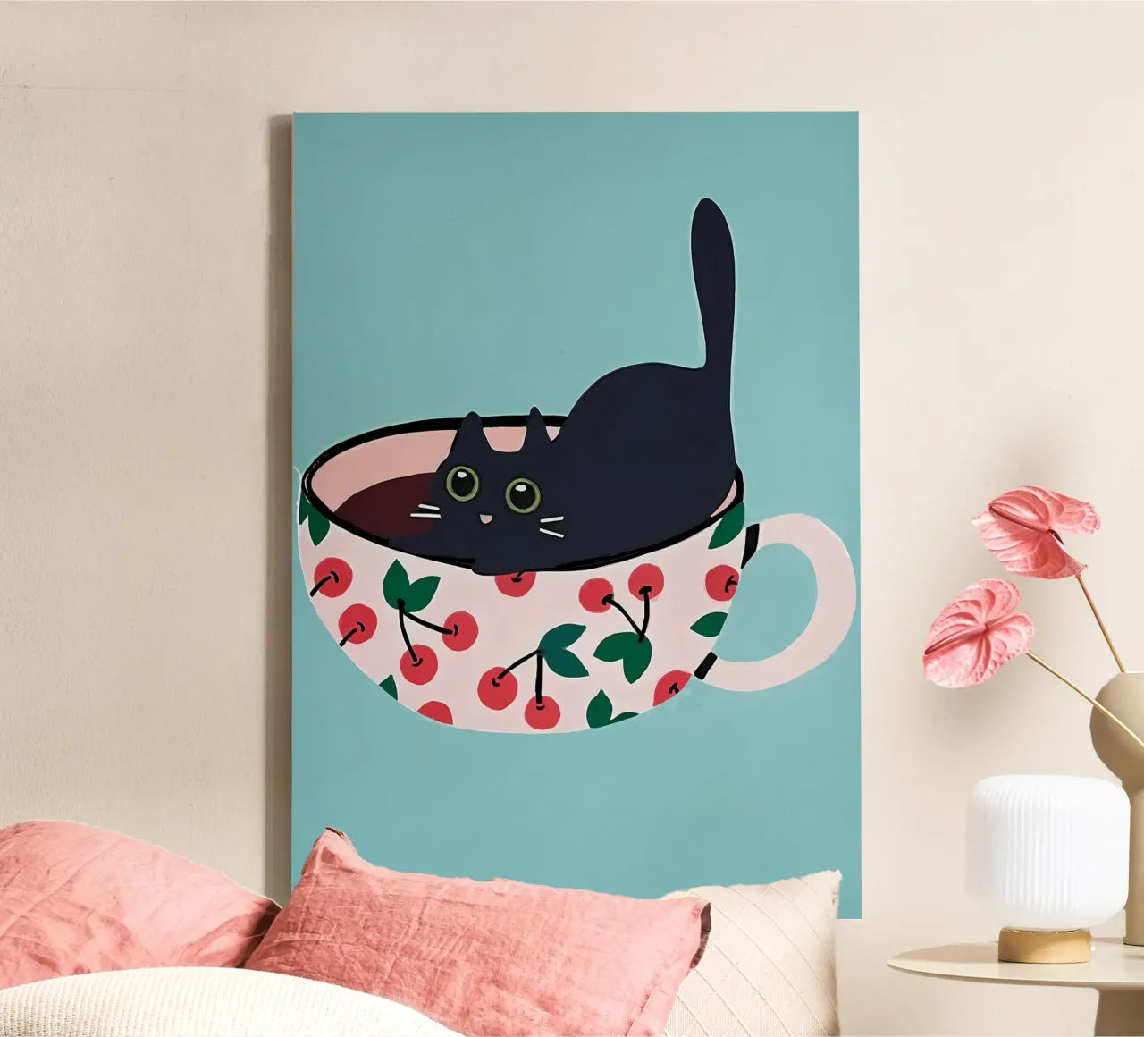 Chat noir dans une tasse de thé toile avec Caisse américaine de Bartosz Powalka