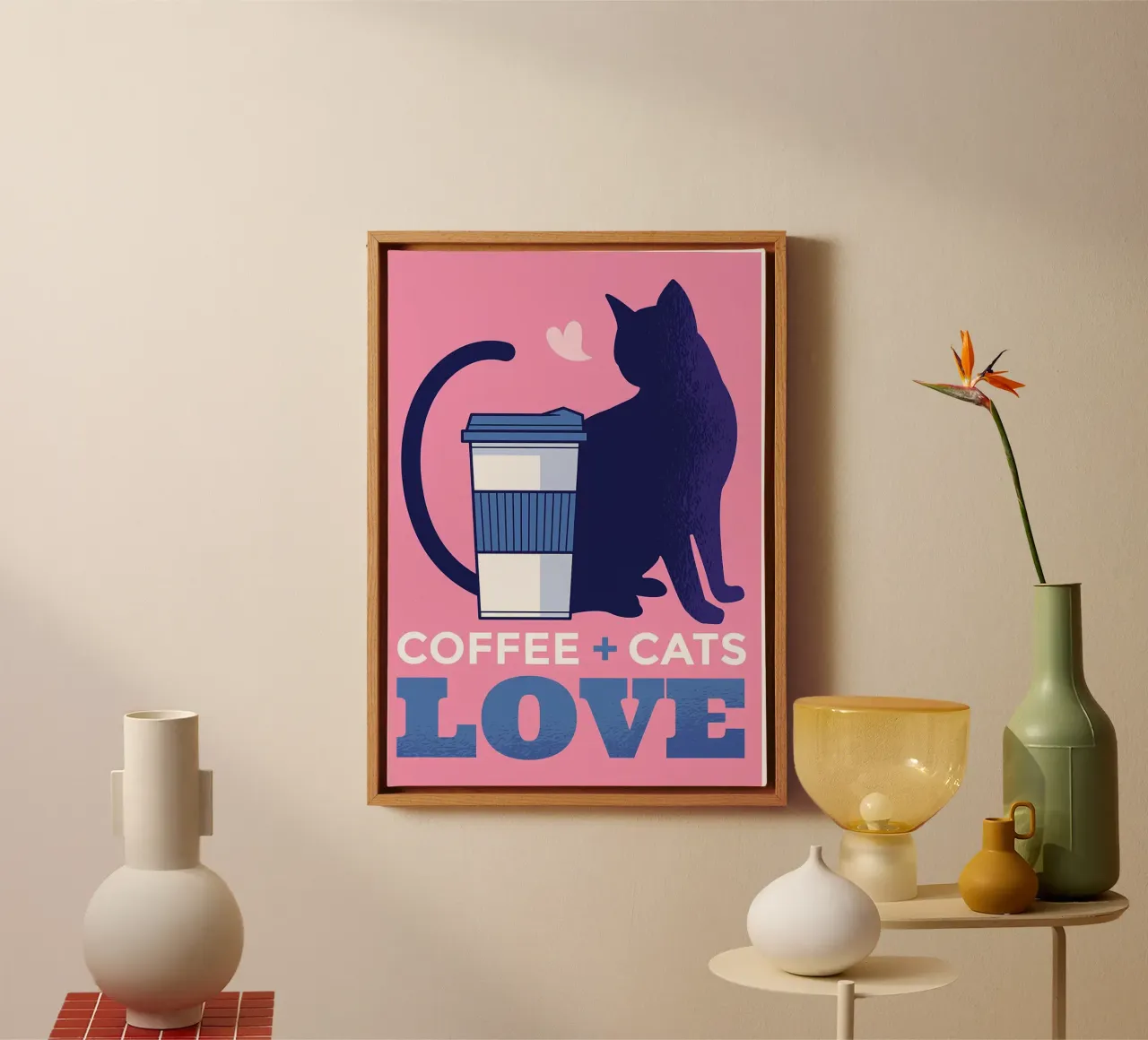 Caffè e gatti sono amore tela con Cornice a cassetta da Bartosz Powalka
