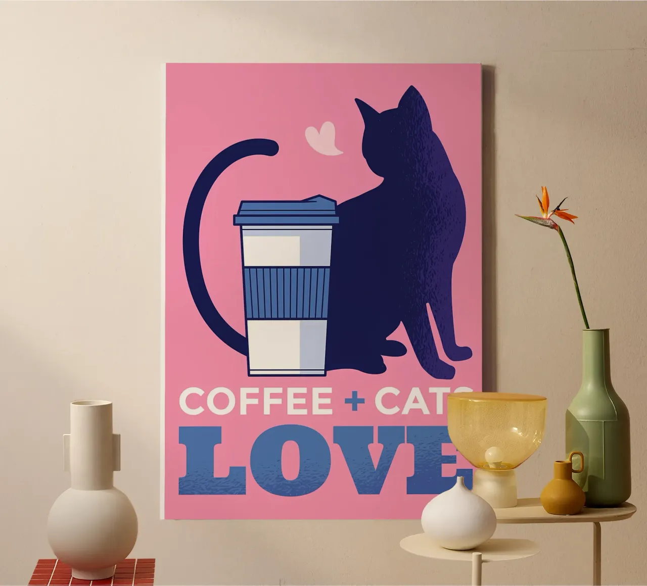 Caffè e gatti sono amore tela con Cornice a cassetta da Bartosz Powalka