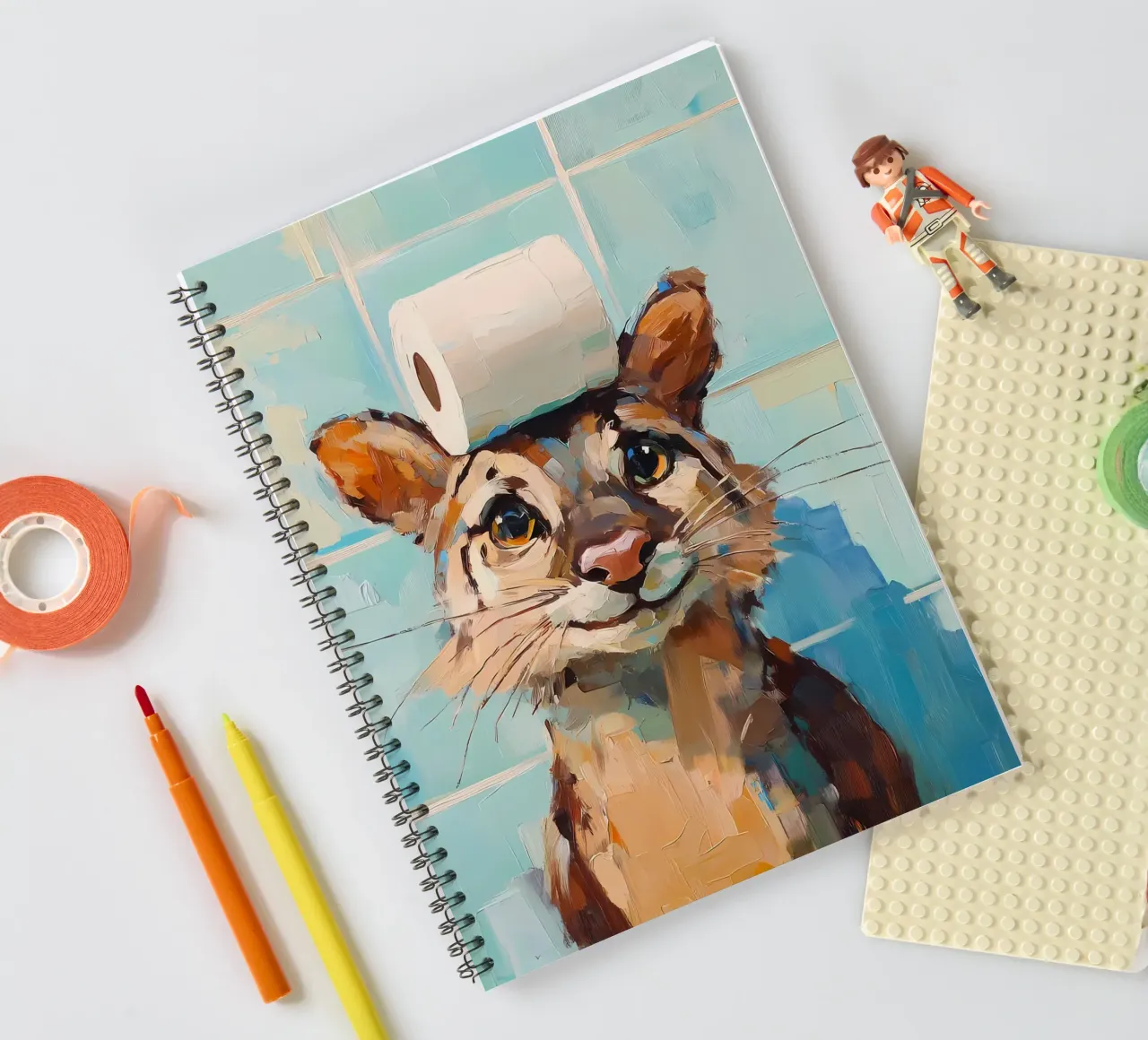 Cat with Toilet Paper Hat spiral notebook by Adrian Patel