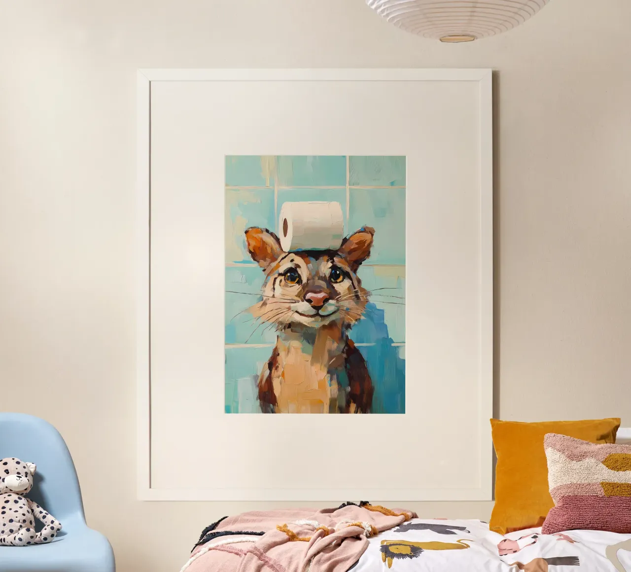 Gatto con cappello di carta igienica poster con telaio in legno da Adrian Patel