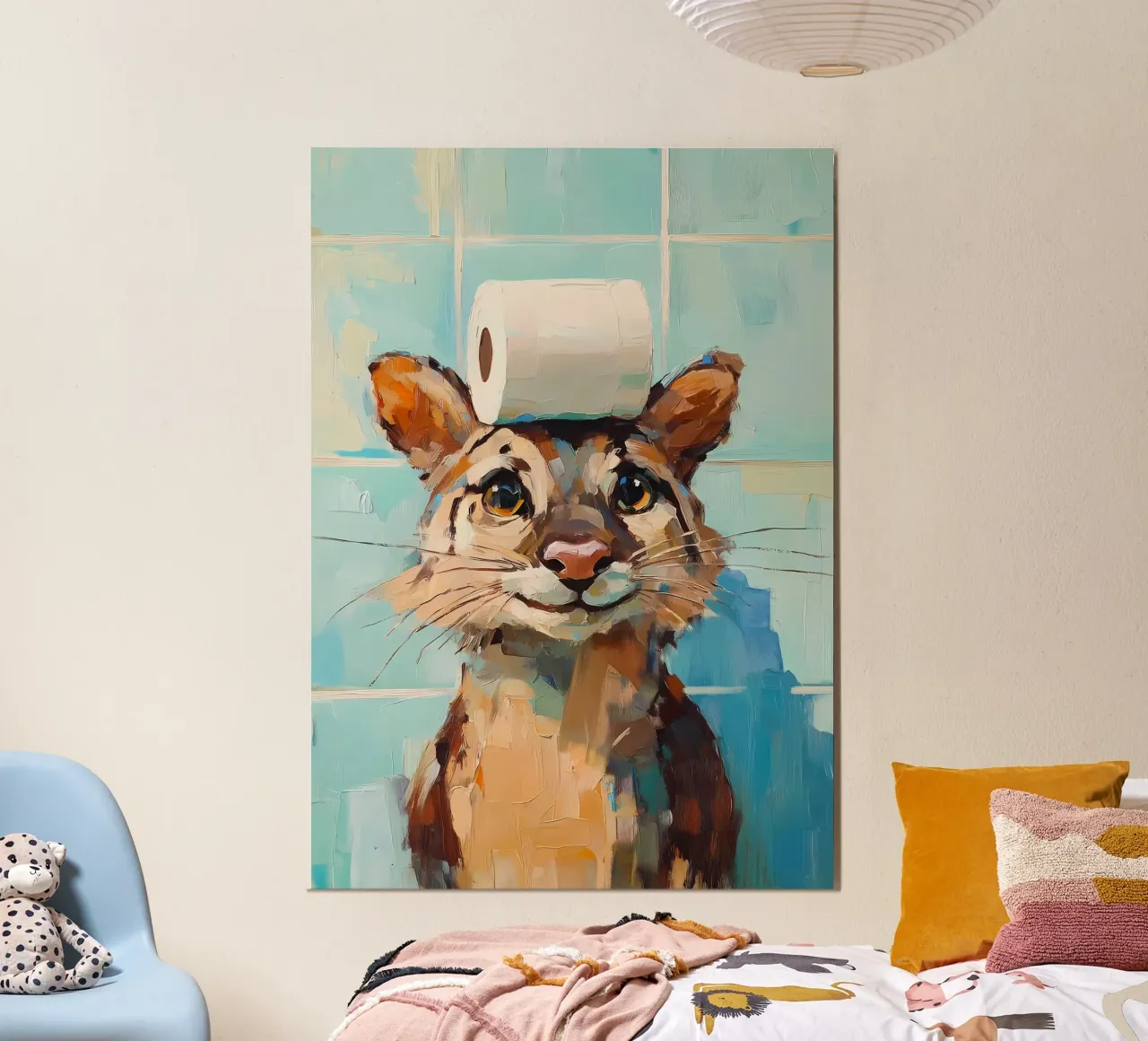 Gatto con cappello di carta igienica poster con telaio in legno da Adrian Patel