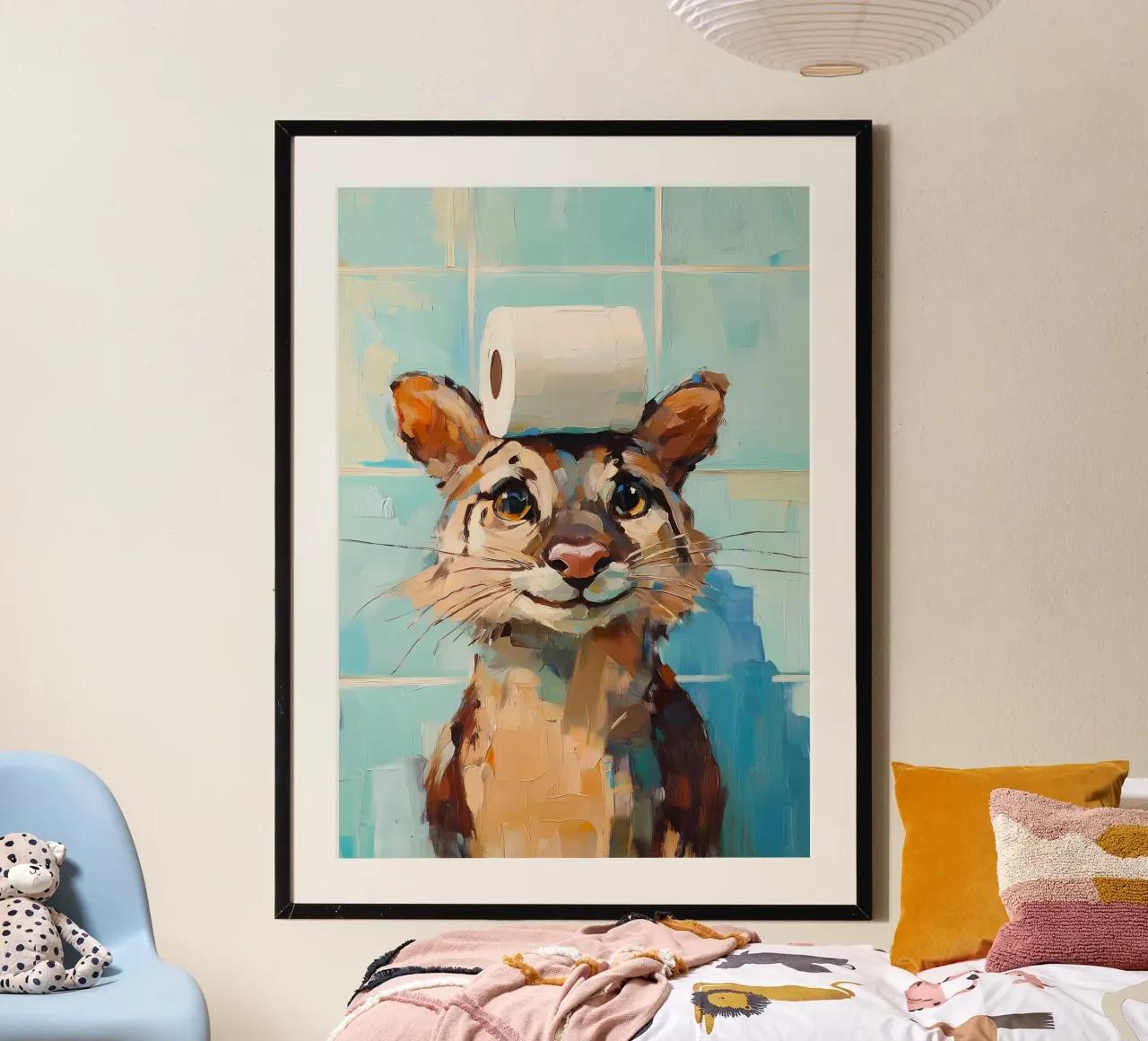 Gatto con cappello di carta igienica poster con telaio in legno da Adrian Patel