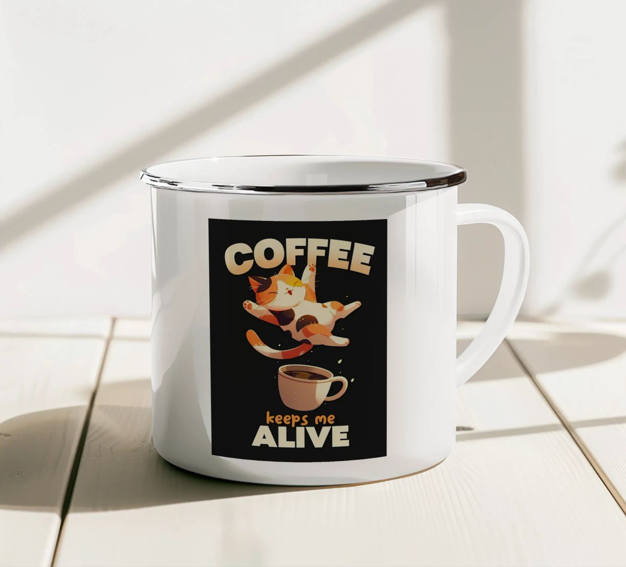Il caffè mi tiene in vita Cat tazza in smalto da Bartosz Powalka
