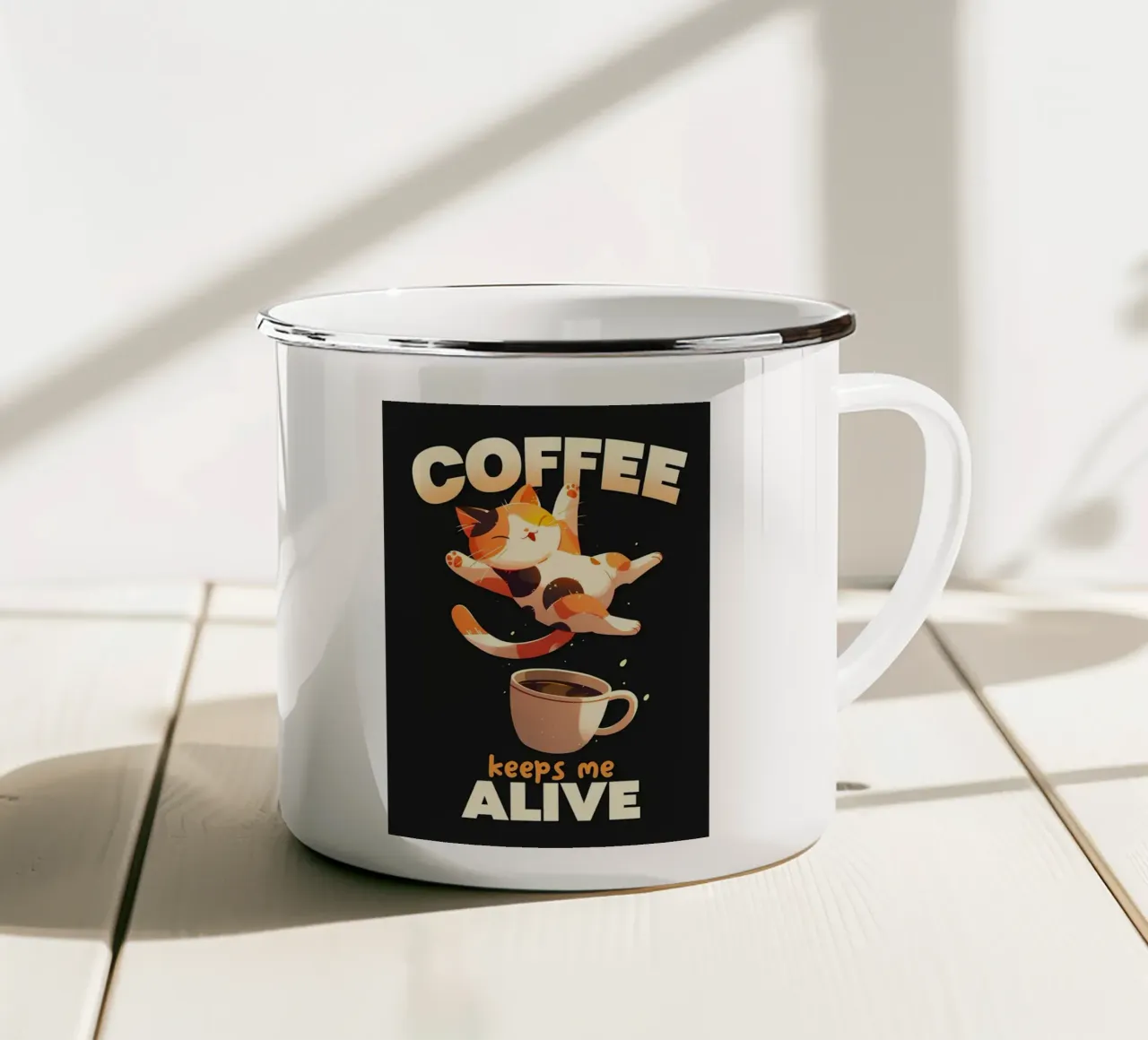 El café me mantiene vivo Gato taza de esmalte de Bartosz Powalka