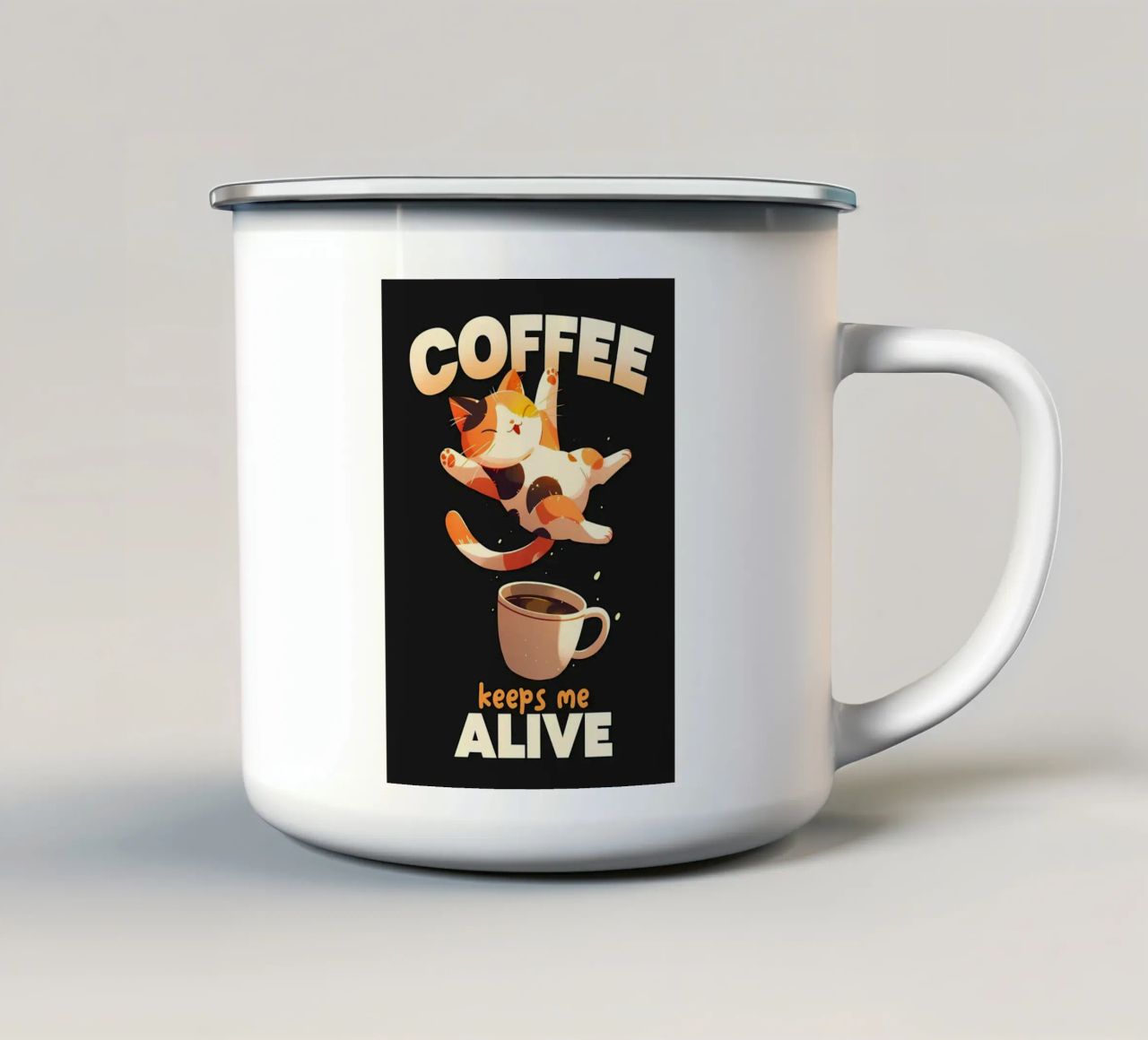 Il caffè mi tiene in vita Cat tazza in smalto da Bartosz Powalka