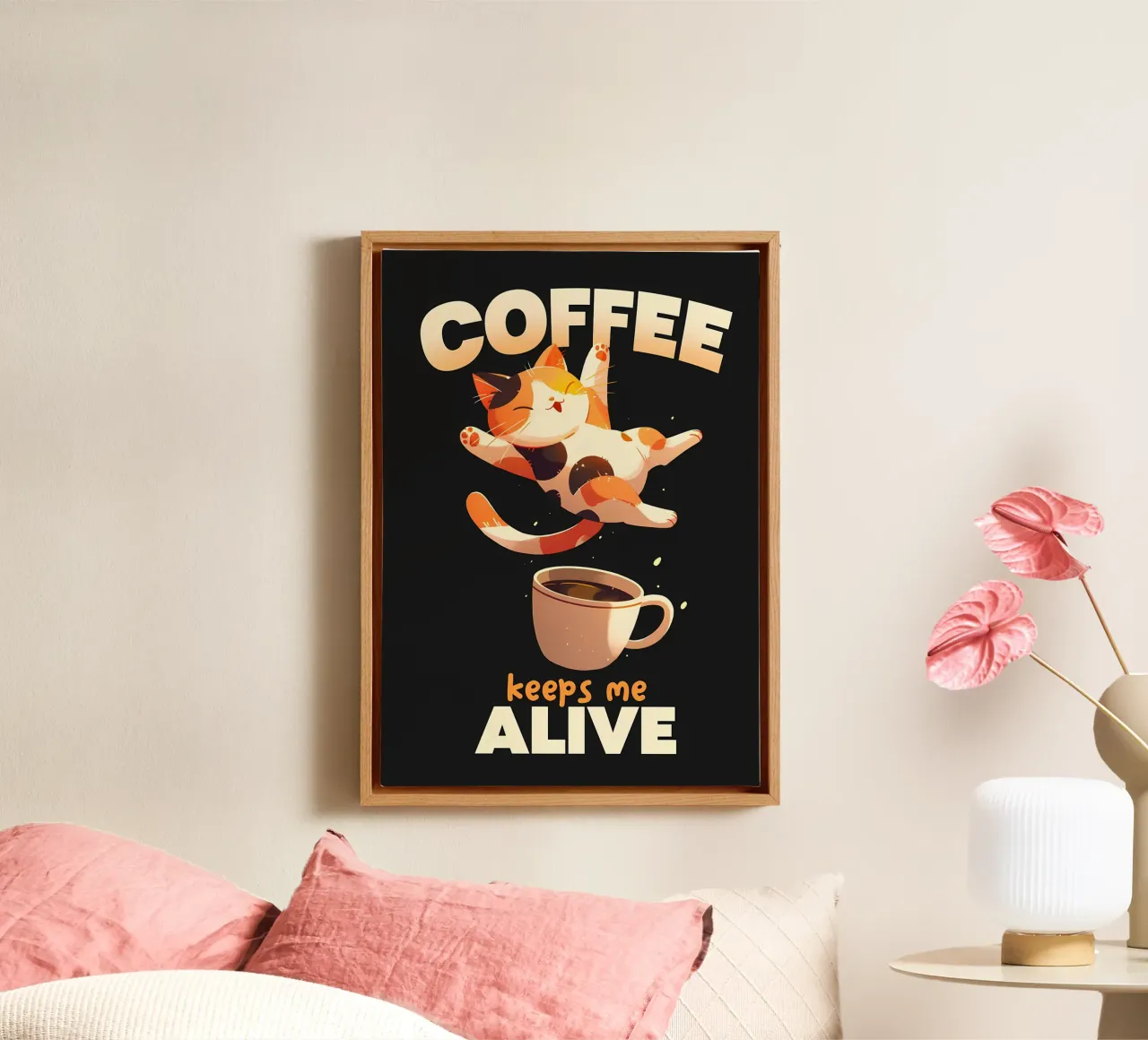 Il caffè mi tiene in vita Cat tela con Cornice a cassetta da Bartosz Powalka