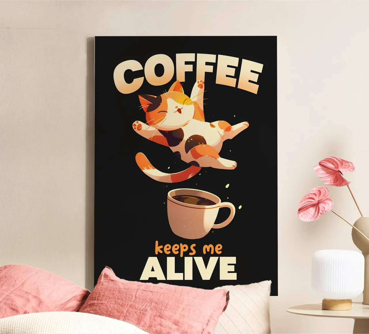 Il caffè mi tiene in vita Cat tela con Cornice a cassetta da Bartosz Powalka