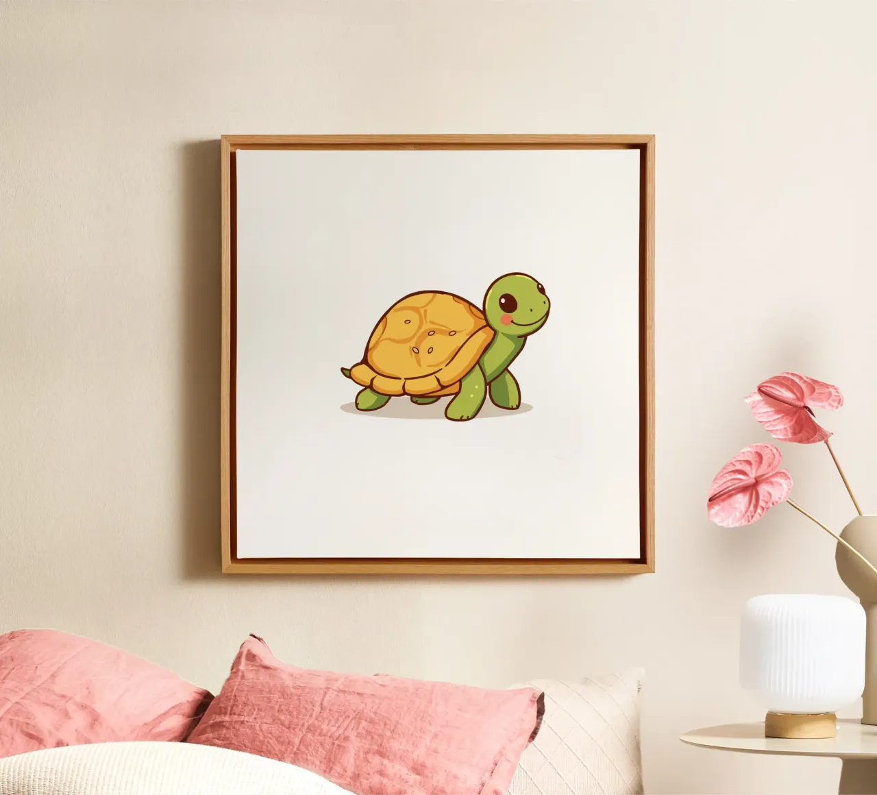 A cheerful cartoon turtle happily wanders canvas with Floater frame by DesignDoodle