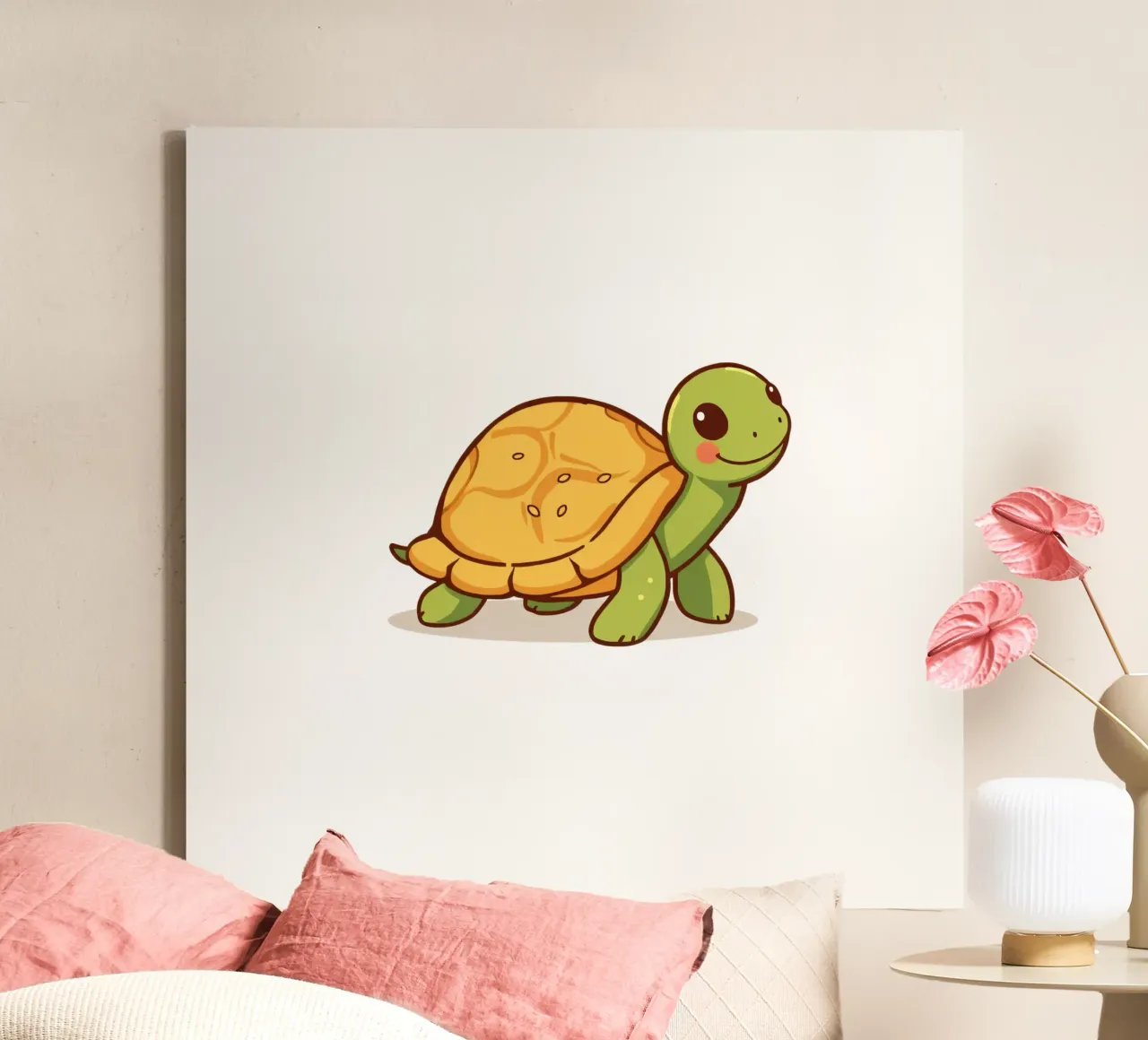 A cheerful cartoon turtle happily wanders canvas with Floater frame by DesignDoodle