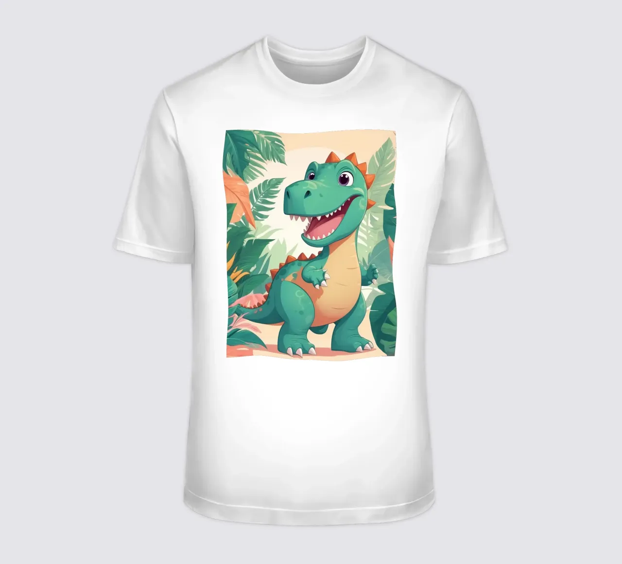 Cute cartoon dinosaur stands in lush greenery t-shirt by DesignDoodle