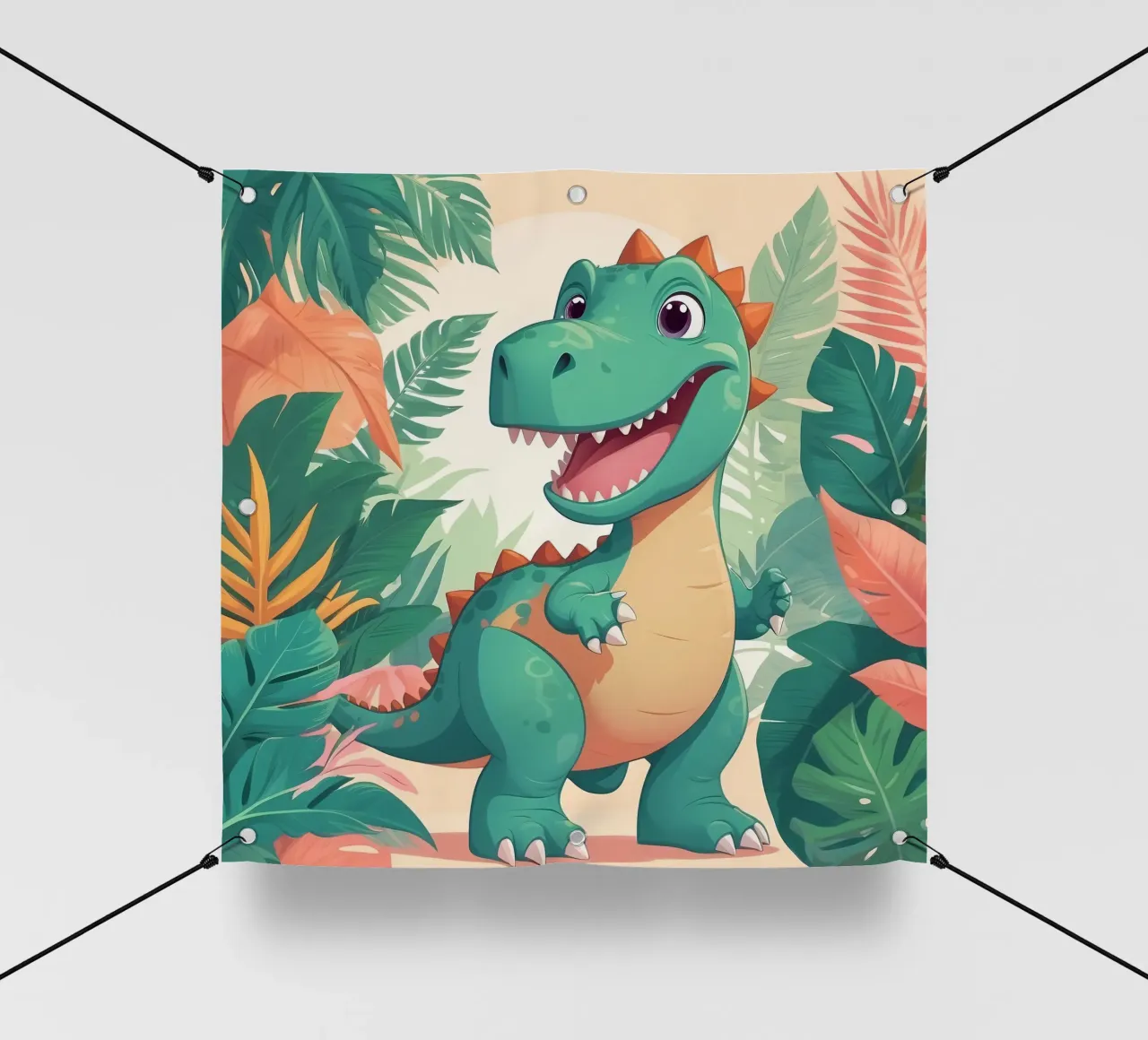 Un simpático dinosaurio de dibujos animados en medio de una exuberante vegetación lonas publicitarias de DesignDoodle