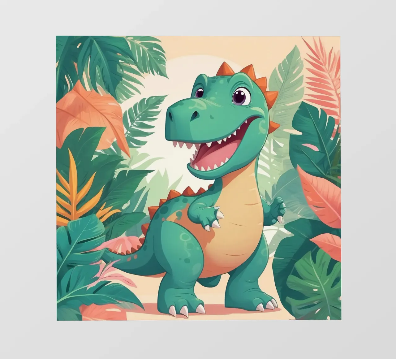 Un simpático dinosaurio de dibujos animados en medio de una exuberante vegetación lonas publicitarias de DesignDoodle