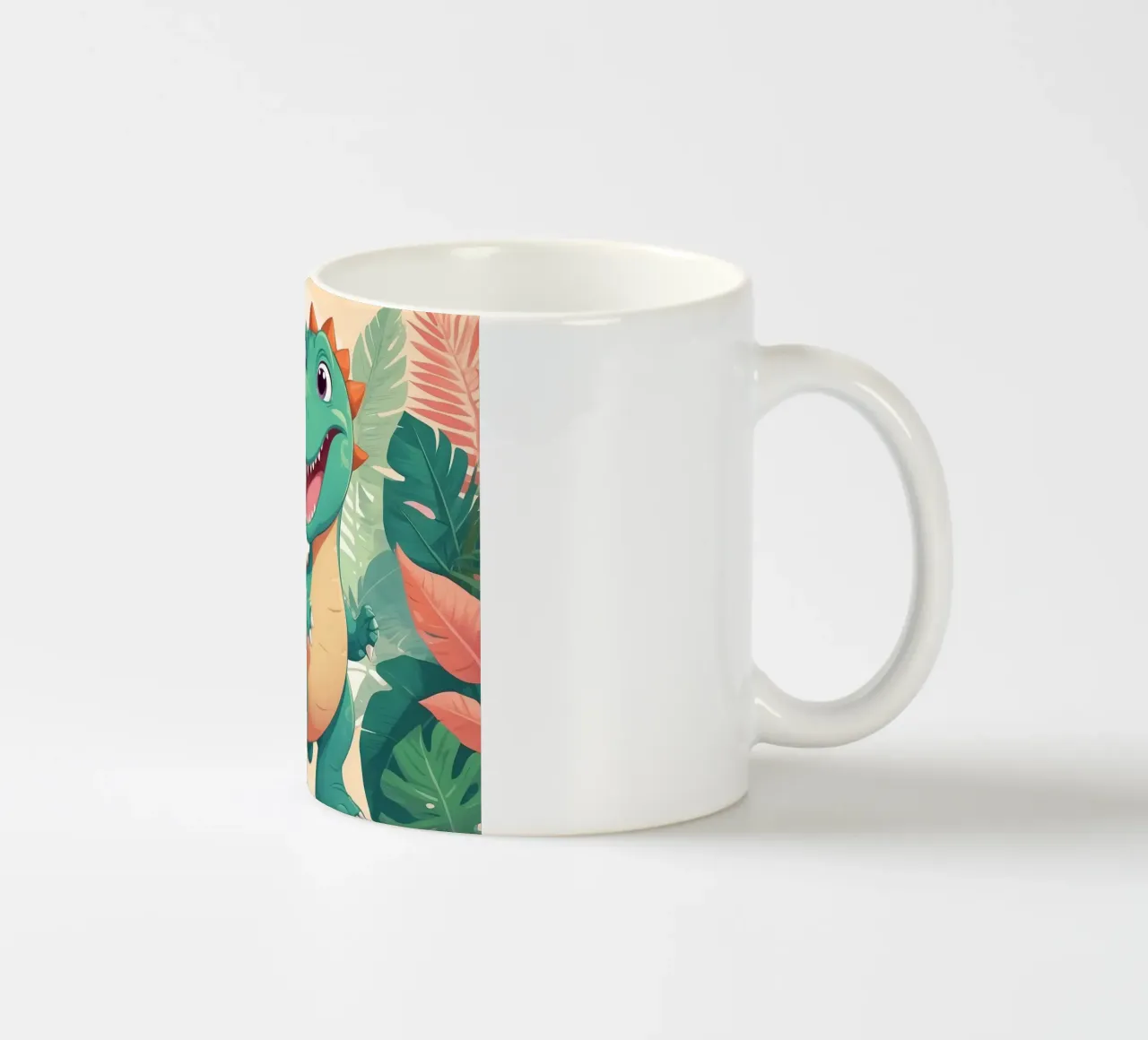 Un simpatico dinosauro dei cartoni animati immerso nel verde tazza in ceramica da DesignDoodle