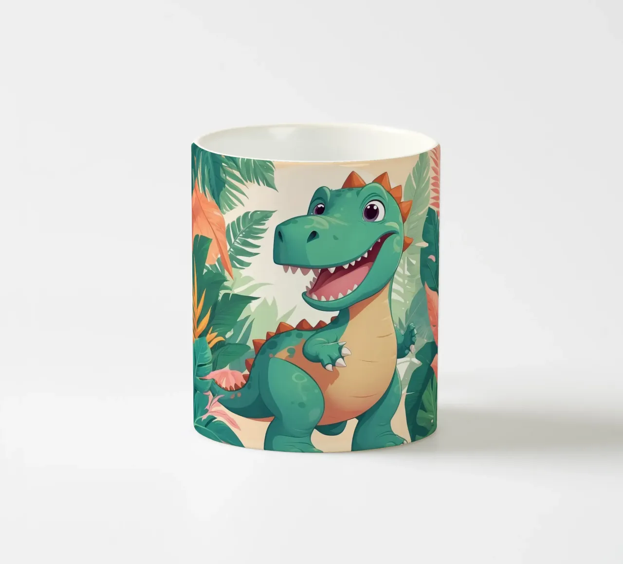Un simpatico dinosauro dei cartoni animati immerso nel verde tazza in ceramica da DesignDoodle