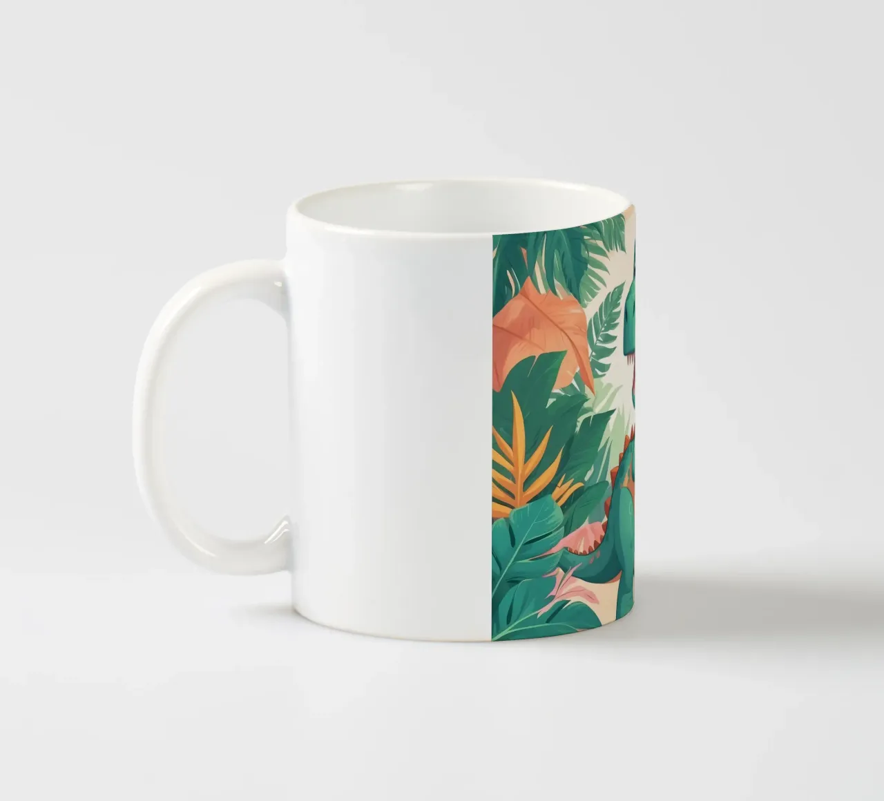 Un simpatico dinosauro dei cartoni animati immerso nel verde tazza in ceramica da DesignDoodle
