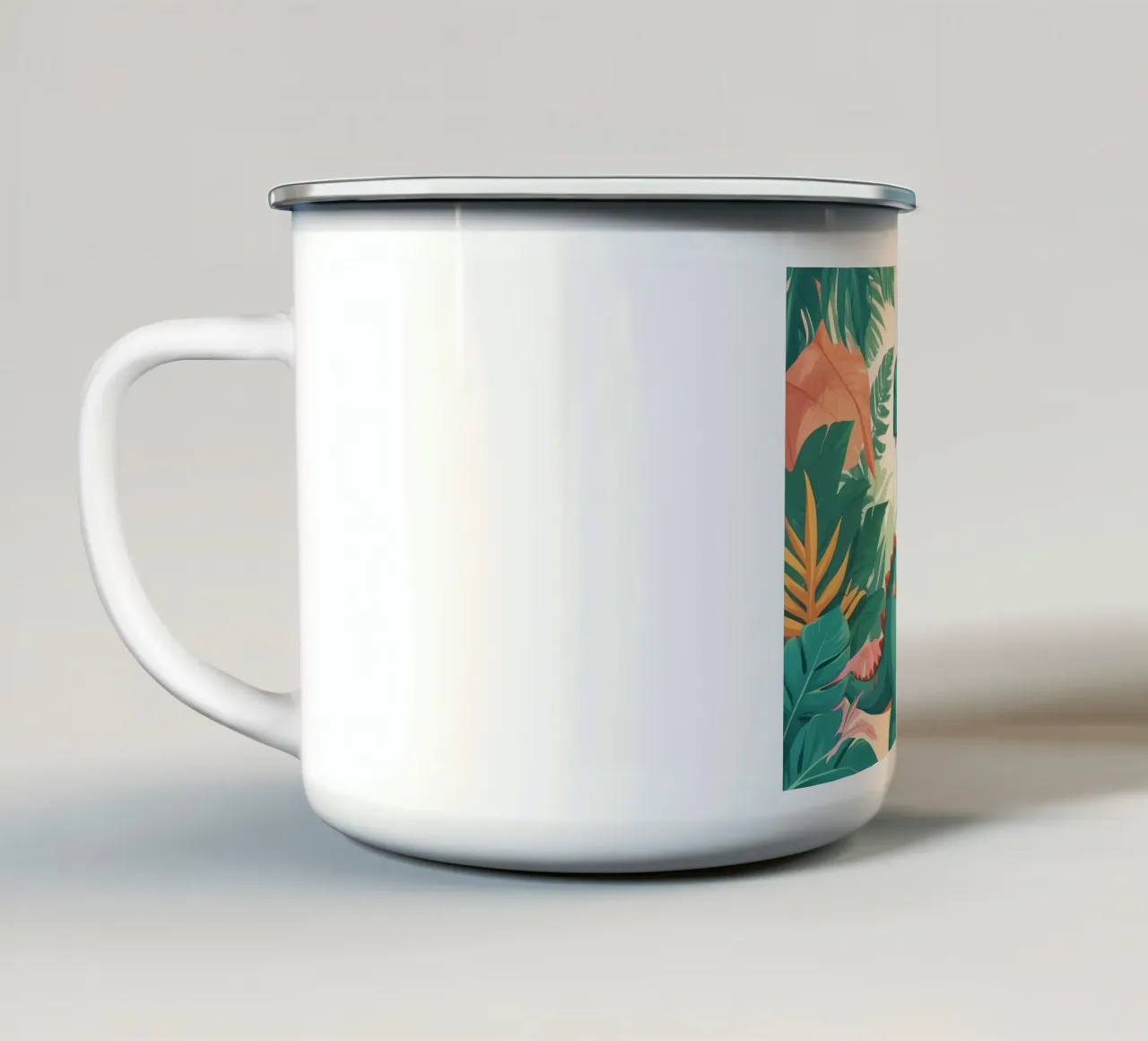 Un simpatico dinosauro dei cartoni animati immerso nel verde tazza in smalto da DesignDoodle