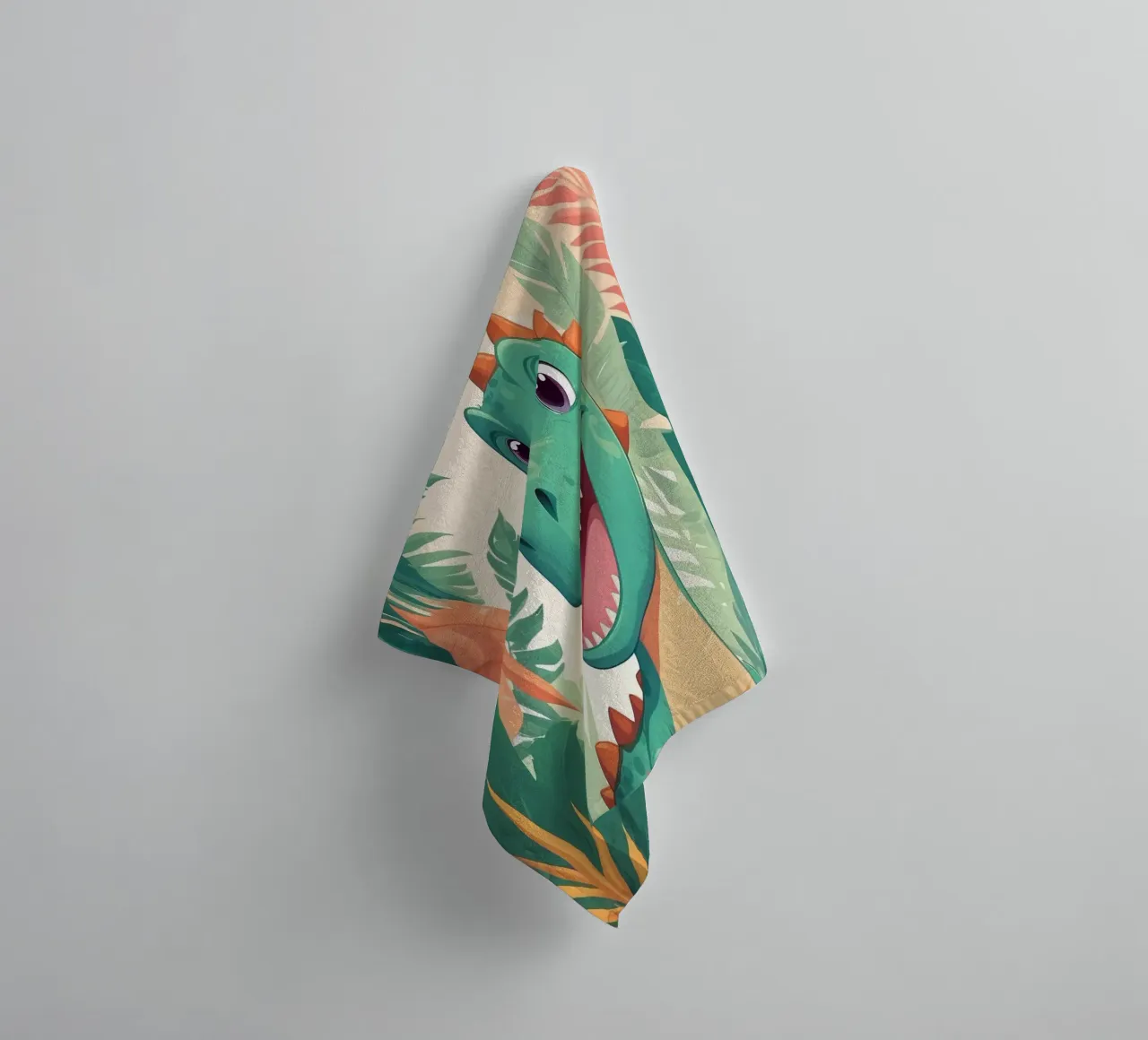 Cute cartoon dinosaur stands in lush greenery towel by DesignDoodle