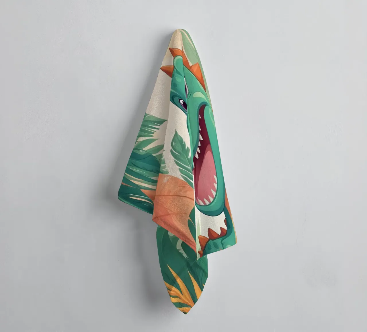 Cute cartoon dinosaur stands in lush greenery towel by DesignDoodle