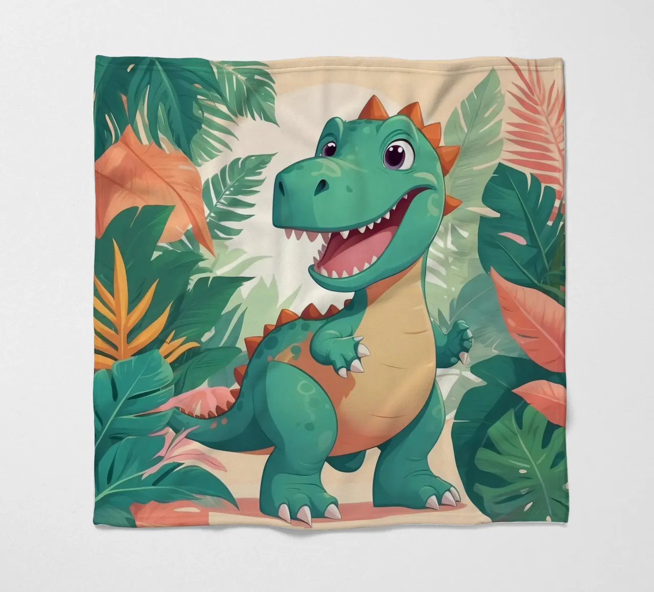 Un simpatico dinosauro dei cartoni animati immerso nel verde coperta in pile da DesignDoodle