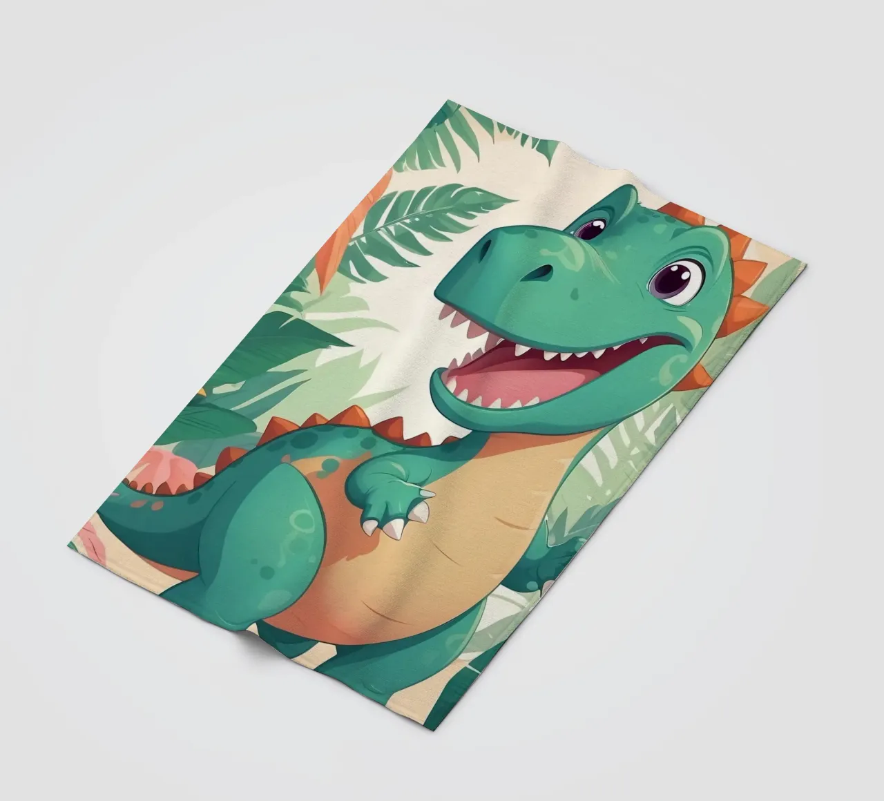 Un simpatico dinosauro dei cartoni animati immerso nel verde coperta in pile da DesignDoodle