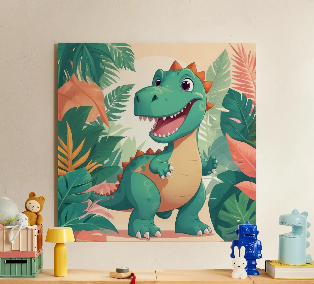 Un simpático dinosaurio de dibujos animados en medio de una exuberante vegetación metacrilato de DesignDoodle
