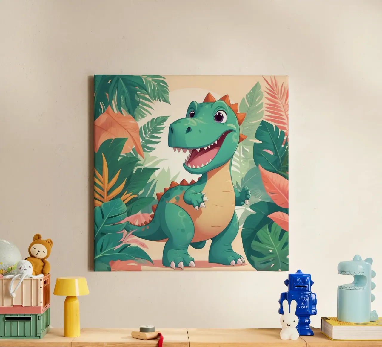 Cute cartoon dinosaur stands in lush greenery canvas by DesignDoodle