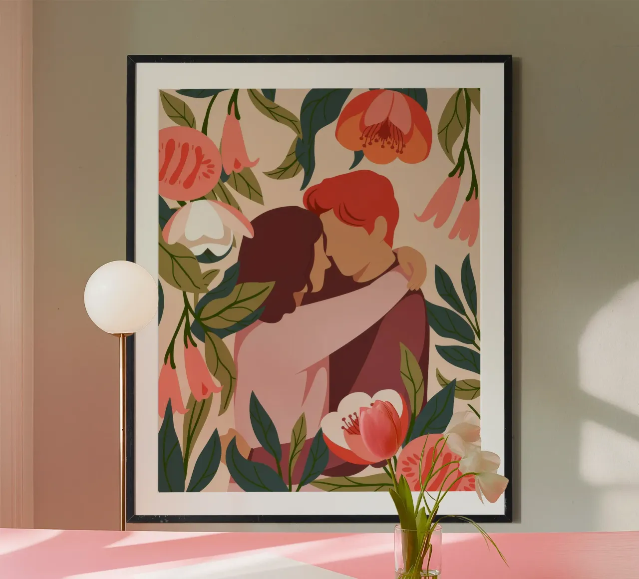 Baiser floral passionné poster avec cadre en bois de Lumina Vision