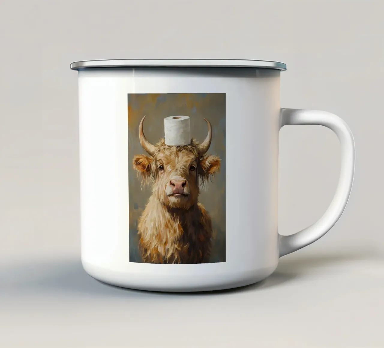 Mucca Highland con carta igienica tazza in smalto da Adrian Patel